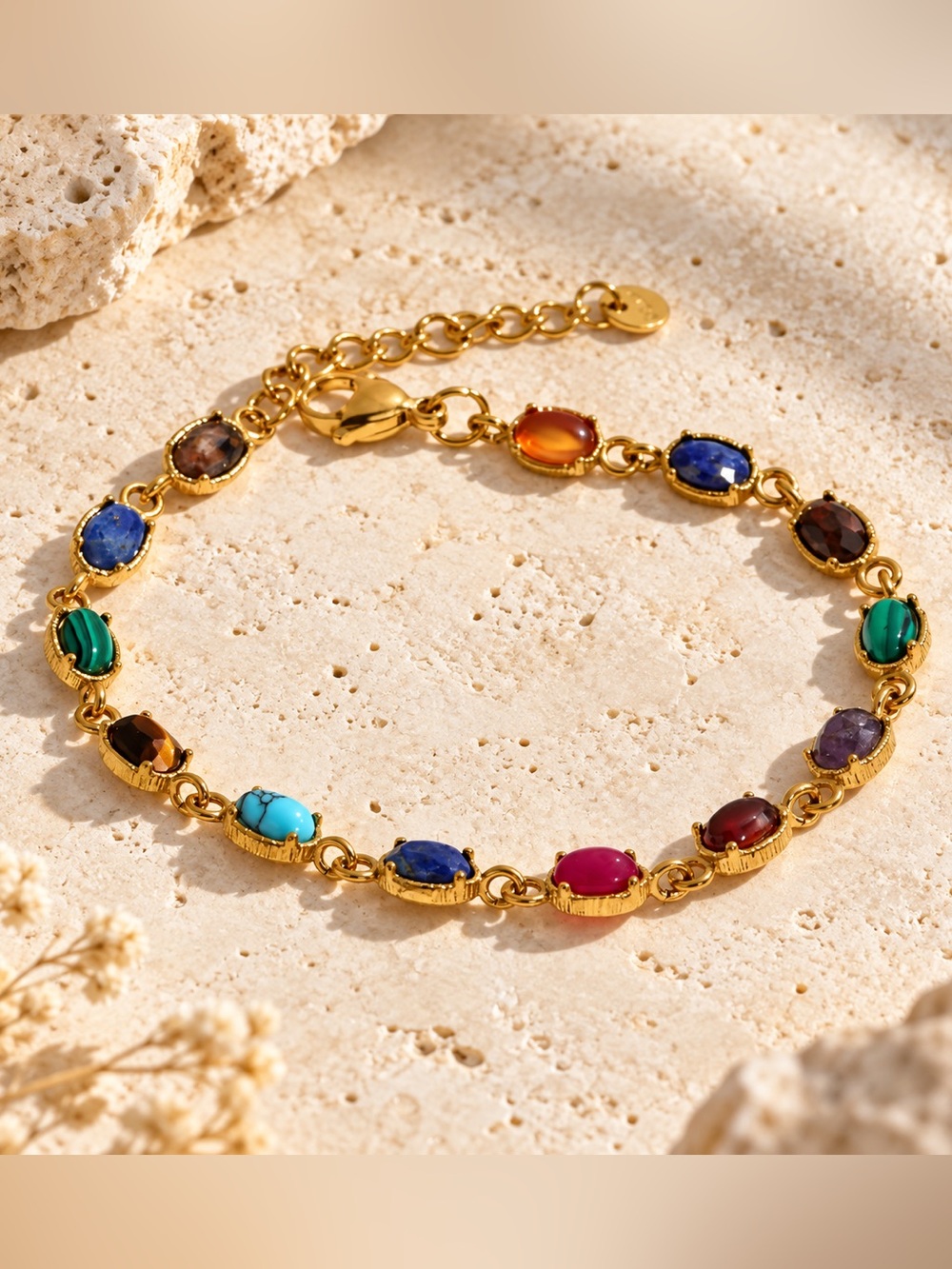 Gold Multicolor Gemstone Link Bracelet - Women Jewelry